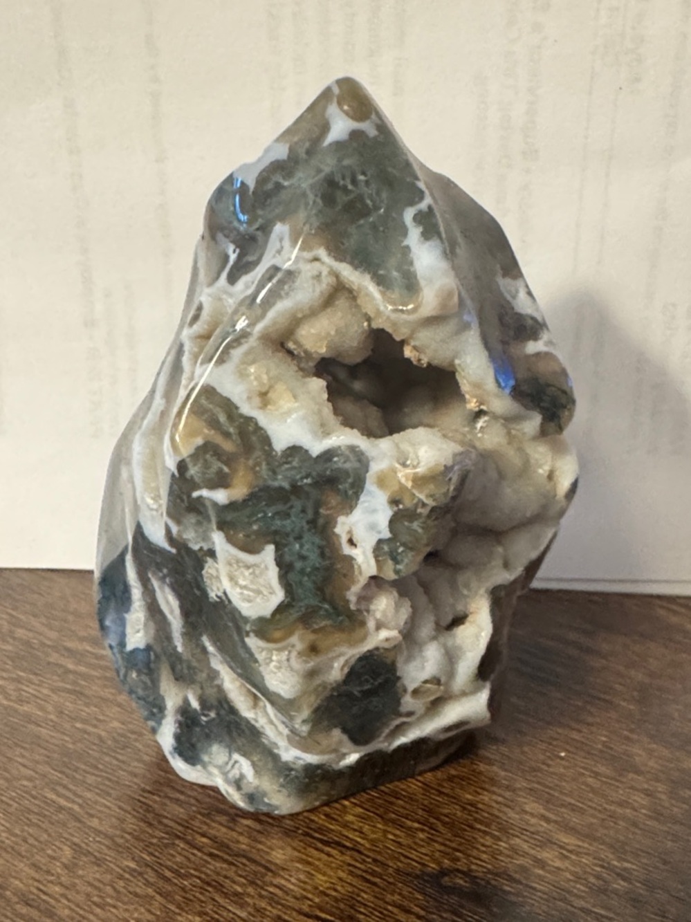 Polished Moss Agate Geode Flame Sculpture - White & Green Home Art